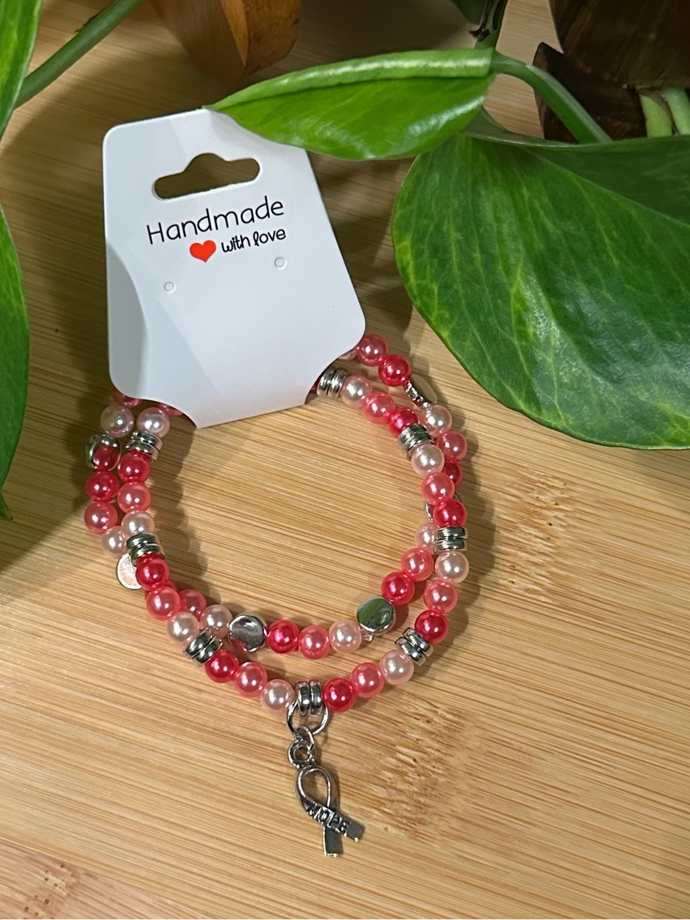 🎀Breast Cancer Awareness 2-PC Stretchy Bracelet Set‎ | Handmade |Dangle Charm🎀